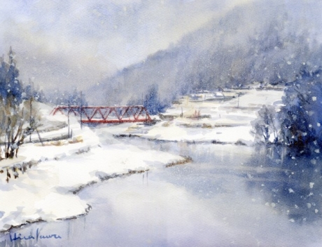 雪中の赤い鉄橋：F6（飛騨川）