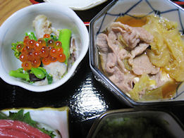 豚と豆腐の煮物　菜の花と貝の和え物