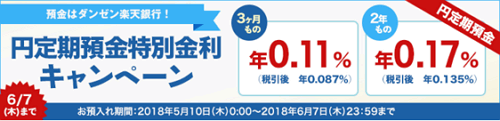 楽天銀行：3ヶ月／2年 円定期預金特別金利キャンペーン 2018/06/07迄